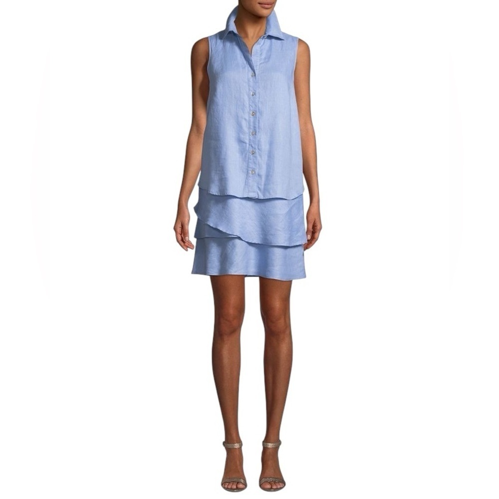 Finley Jasmine Linen Dress Small Light Blue Tiered Sleeveless Collared Airy Boho